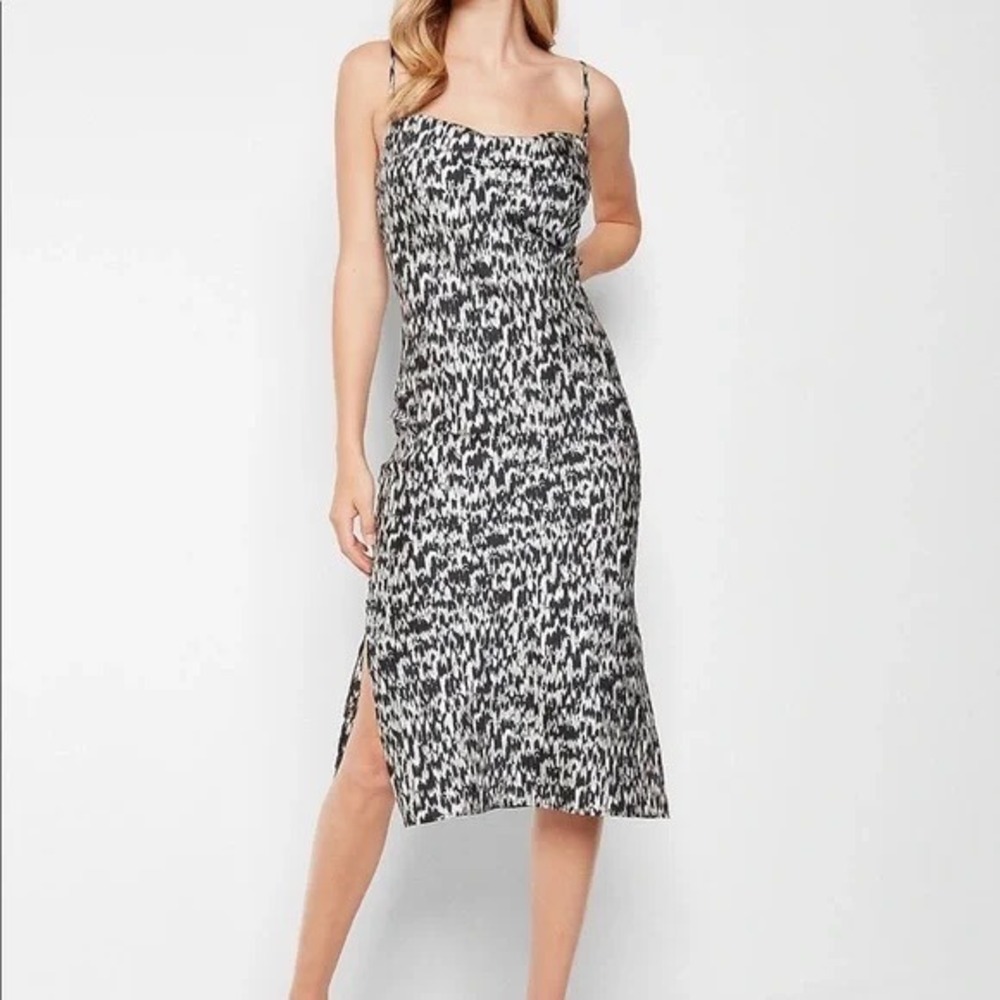 Express Black White Abstract Print Cowl Neck Satin Midi Slip Dress NWT